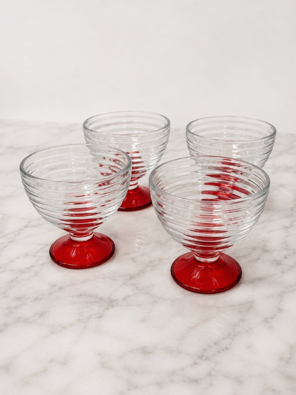 Vintage ARC Swirl Ribbed Pedestal Dessert Glasses Red Base Set of 4 MCM
